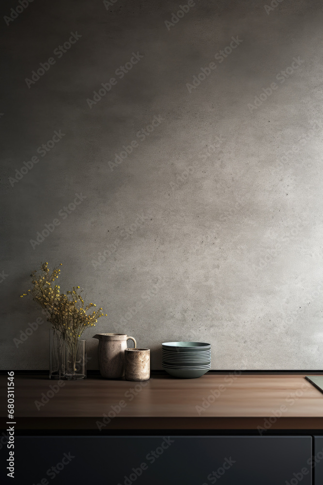 Close-up of a minimalist abstract kitchen with glass, wood and marble, eve with natural light. Inspired by Japanese influences. Close-up of a minimalist abstract kitchen with glass, wood and marble, eve with natural light. Inspired by Japanese influences.