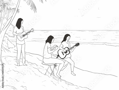A Group Of Women Playing Guitars On A Beach - Summer Vacation
