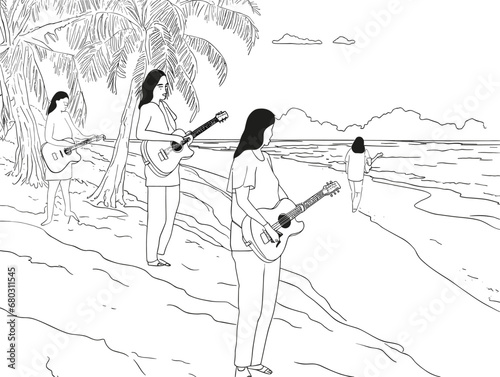 A Line Art Of People Playing Guitars On A Beach - Summer Vacation