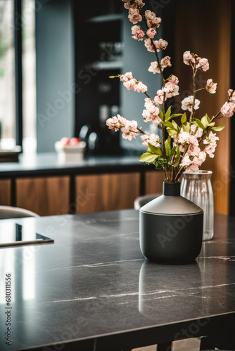 Close-up of a minimalist abstract kitchen with glass  wood and marble  eve with natural light. Inspired by Japanese influences.