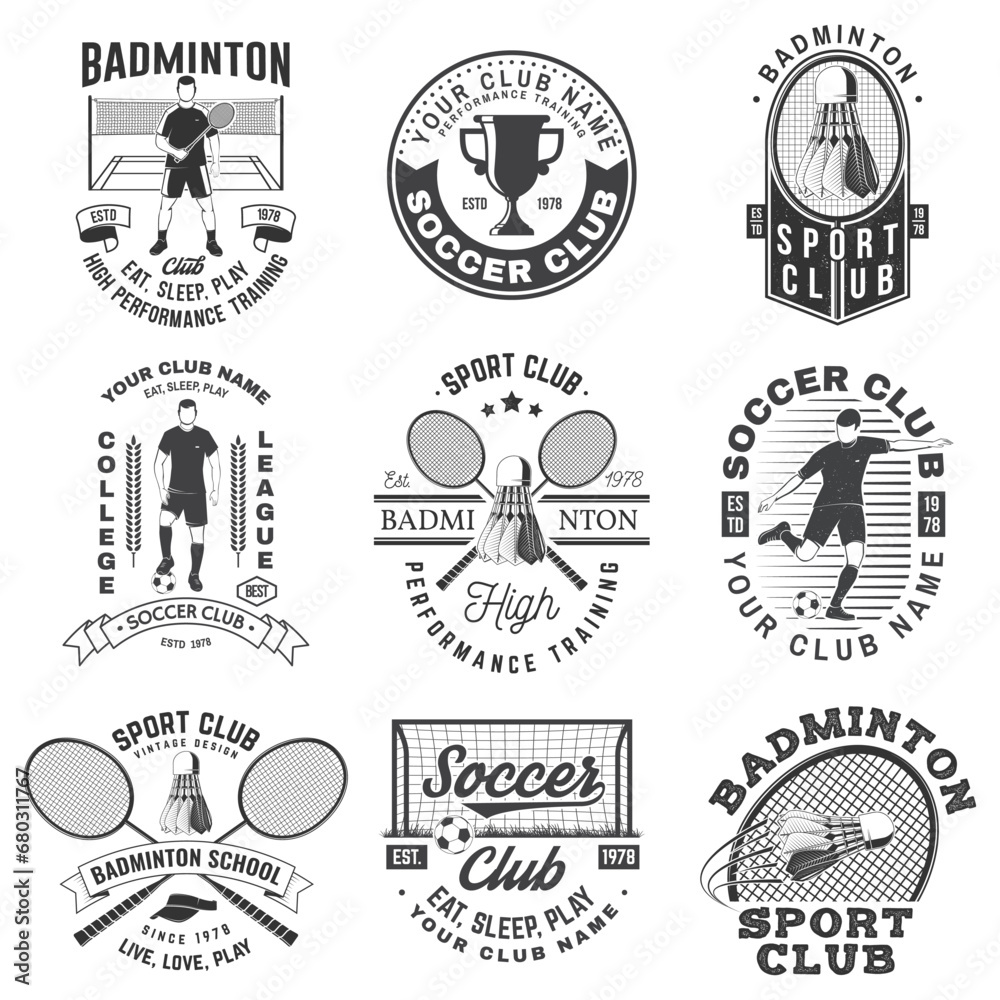 Obraz premium Set of badminton and soccer sport club badge design. Vector. Vintage monochrome label, sticker, patch with badminton, soccer and football player silhouettes
