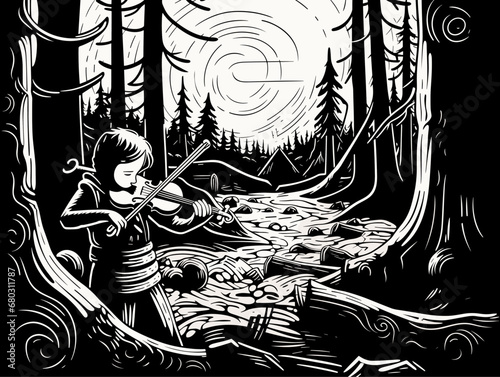 A Black And White Illustration Of A Boy Playing A Violin In A Forest - Tiny little boy Coast salish native playing fiddle