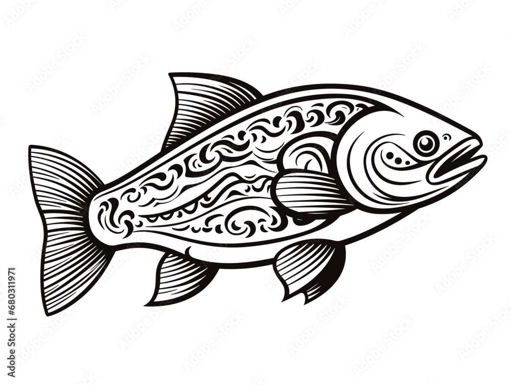 A Black And White Drawing Of A Fish - Vector symbol of trout fish. A Black And White Drawing Of A Fish - Vector symbol of trout fish.