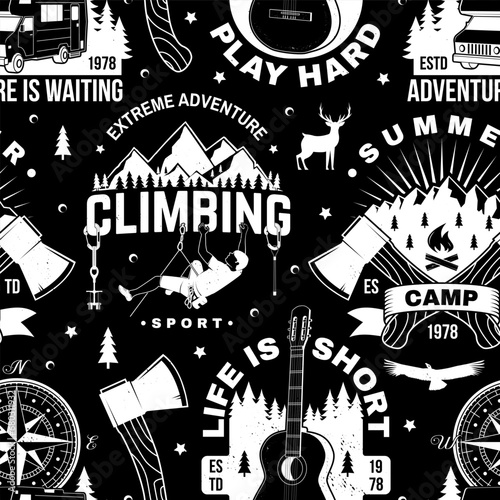Outdoor adventure seamless pattern, background. Vector illustration. Vintage typography design with compass, guitar, camping caravan car, tent, mountain, axe and forest silhouette.