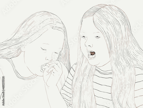 A Drawing Of Two Girls - Two pretty girls having fun with candys