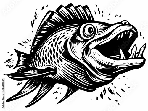 A Black And White Illustration Of A Fish - Vector illustration of angry fish cartoon.