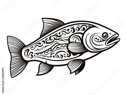 A Black And White Drawing Of A Fish - Vector symbol of trout fish.