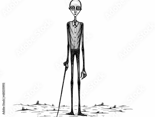 A Drawing Of A Man With A Cane - very skinny man style of medieval woodblock.