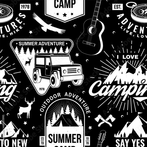 Outdoor adventure seamless pattern, background. Vector illustration. Vintage typography design with compass, guitar, camping caravan car, tent, mountain, axe and forest silhouette.