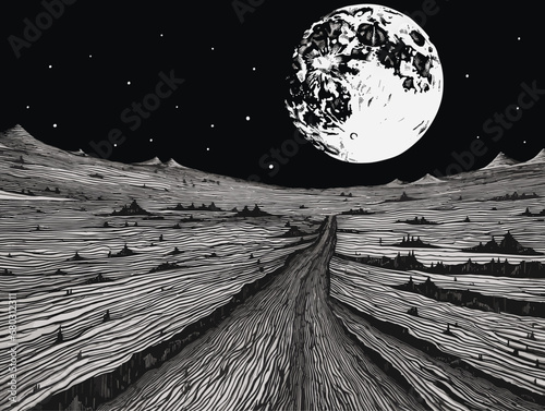 A Black And White Image Of A Road Leading To A Large Moon - View of the rising Earth seen from the Moon.