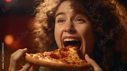 person eating pizza  woman eating slice of pizza