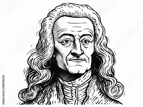 A Black And White Drawing Of A Man With Long Hair - Voltaire Portrait.