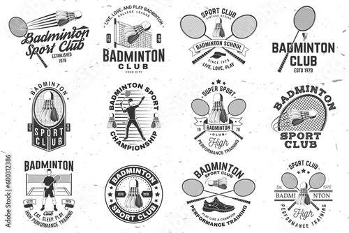 Set of badminton sport badge, patch, emblem, logo. Vector illustration. Vintage badminton label with racket, player and shuttlecock silhouettes. Concept for shirt or logo, print, stamp or tee