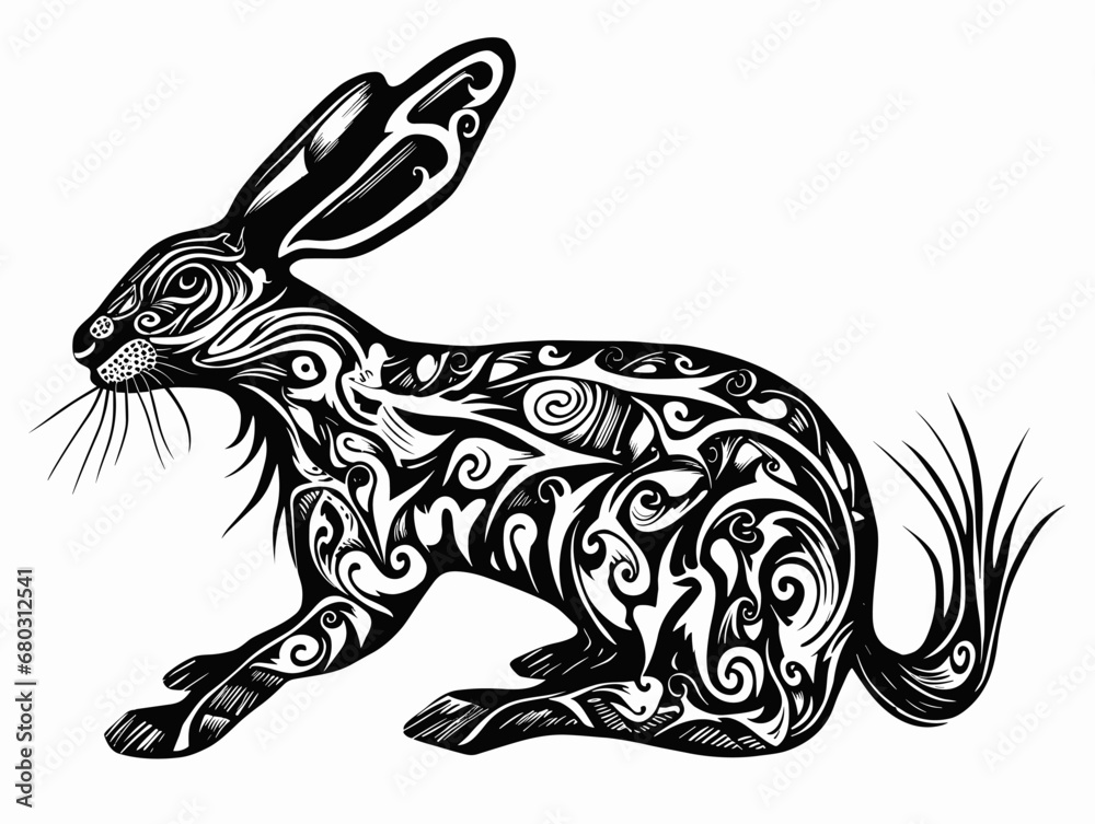 A Black And White Drawing Of A Rabbit - woodcut etching engraving of a hare witchcraft