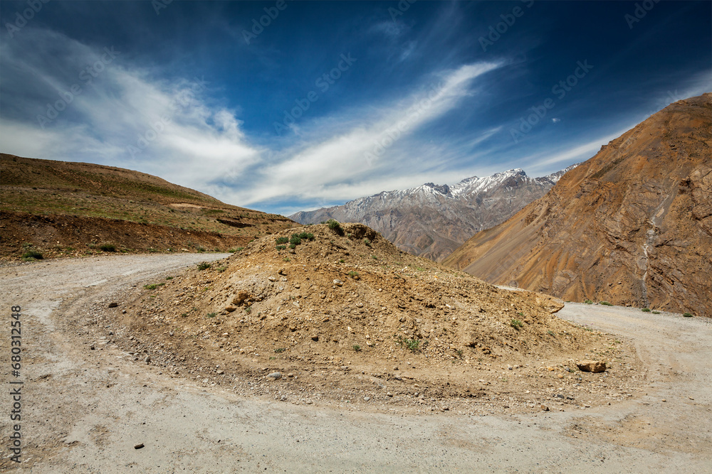 Road turn in Himalayas. Spiti Valley, Himachal Pradesh, India