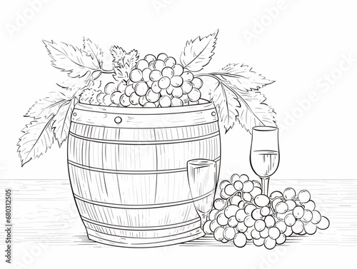 A Black And White Drawing Of A Barrel Of Grapes And A Glass Of Wine - Wine and glass and grapes on barrel