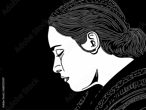 A Black And White Drawing Of A Woman Crying - Woman using tablet