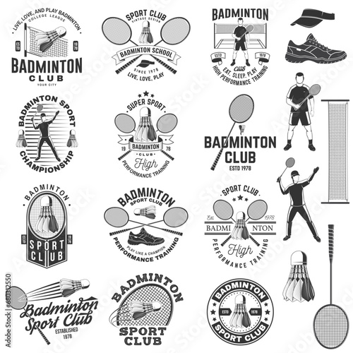Set of badminton sport badge, patch, emblem, logo. Vector illustration. Vintage badminton label with racket, player and shuttlecock silhouettes. Concept for shirt or logo, print, stamp or tee