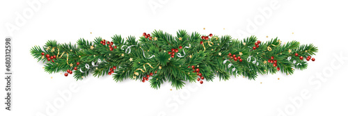 Christmas tree garland isolated on transparent background. Realistic pine tree branches with holly berry decoration. Vector border for holiday banners, party posters, cards, headers.