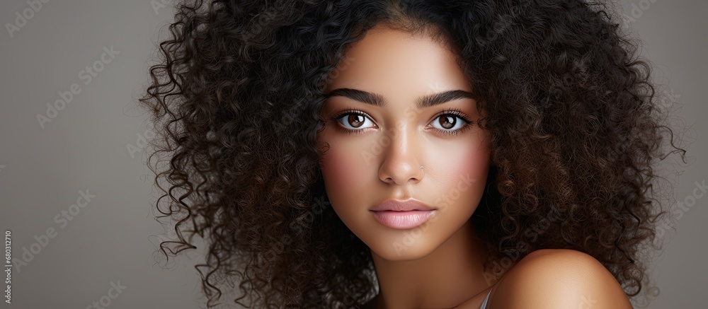 The young African woman with black curly hair and beautiful eyes is captured in an isolated white background, creating a cute and captivating portrait of a person.