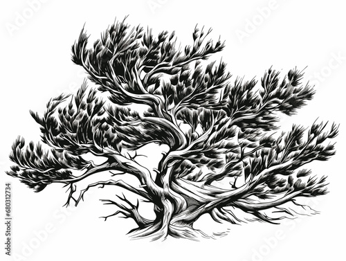 A Black And White Drawing Of A Tree - woodcut of a Juniper bush.