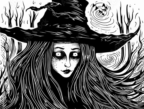 A Black And White Illustration Of A Person - woodcut witch.