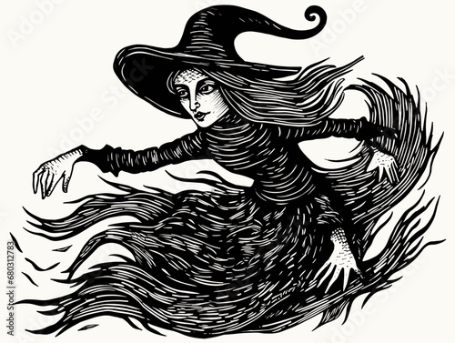 A Black And White Drawing Of A Person - woodcut witch.