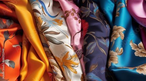 A collection of vibrant and patterned silk fabrics photo