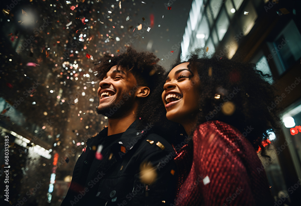 Young happy afro american couple enjoying celebrating new year..