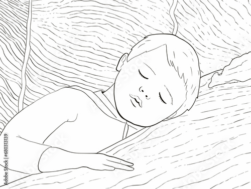 A Drawing Of A Child Sleeping - Young happy boy dreaming about...