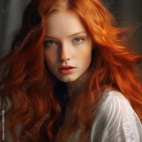Young, feminine, beautiful girl with long red hair Graceful Radiant Beauty