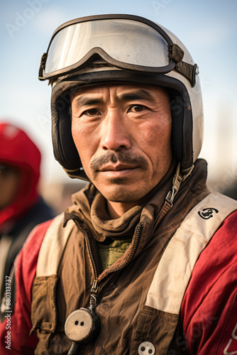 An asian man wearing a old motorbike helmet. © PixelGallery