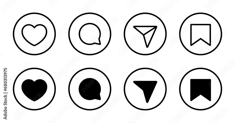 Like, comment, share, and save icon vector in circle line Like, comment, share, and save icon vector in circle line