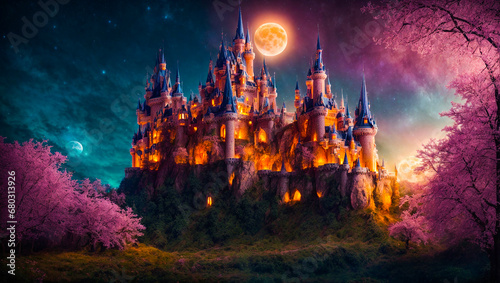 Fantastic fairytale castle, night, moon