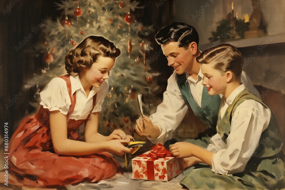 Vintage illustration of a family with two children wrapping Christmas gifts together.