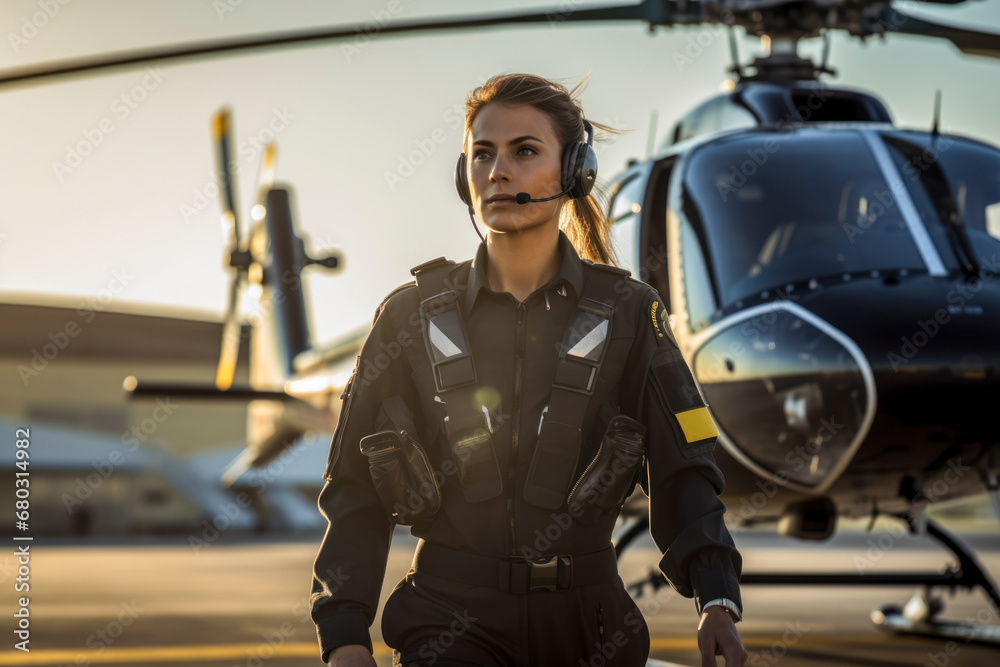 A female pilot in her uniform, confidently walking from a helicopter. - obrazy, fototapety, plakaty 