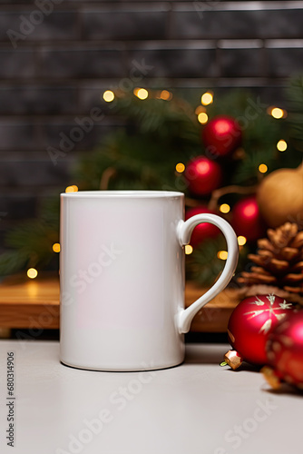 White mug with festive decorations and Christmas lights in the background. Holiday mug mockup with warm Christmas ambiance and decorations.