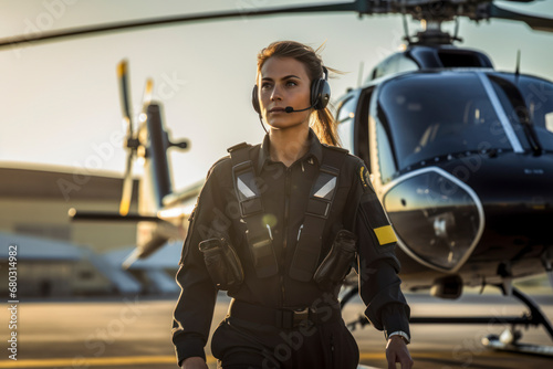A female pilot in her uniform, confidently walking from a helicopter.