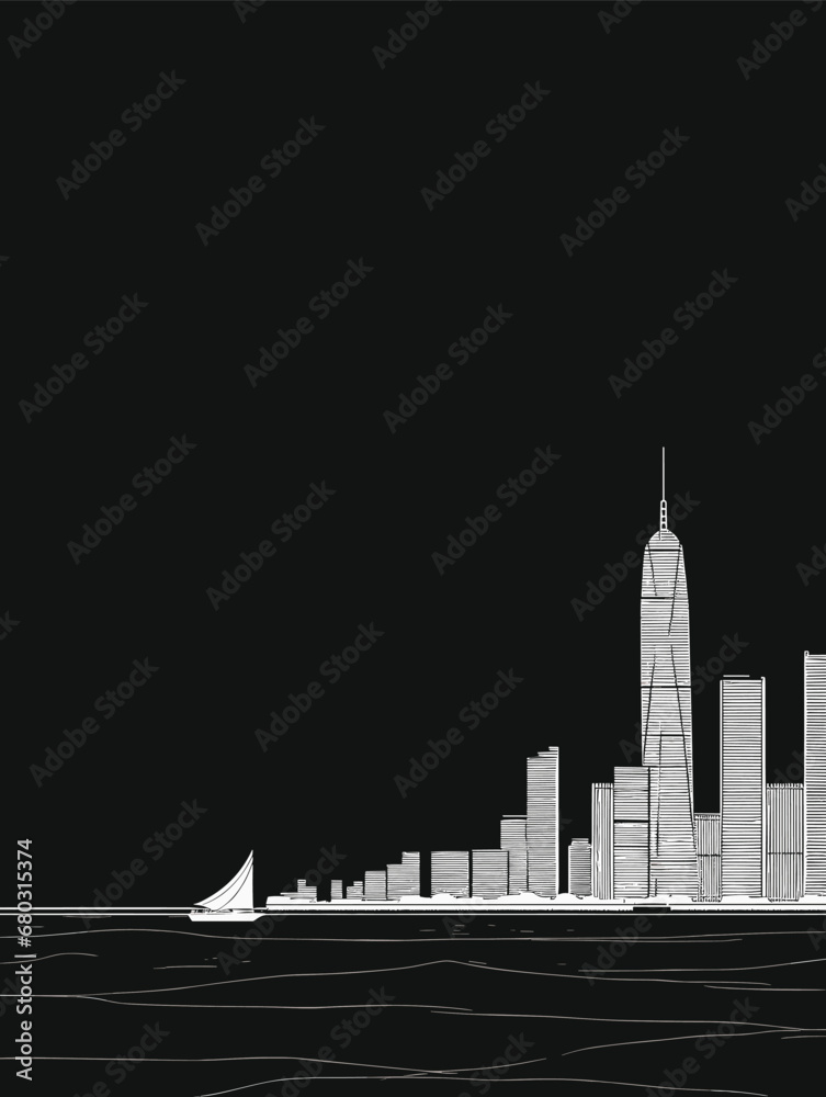 A City Skyline With A Sailboat In The Distance - hong kong waterfront skyline