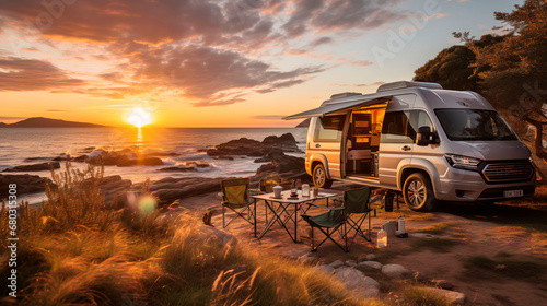camper on the shore of a reservoir at sunset in which people travel as a lifestyle to gain maximum knowledge about themselves and the planet photo