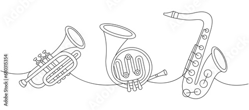 Wind musical instruments one line continuous drawing. Tuba, trumpet, french horn, saxophone continuous one line illustration.