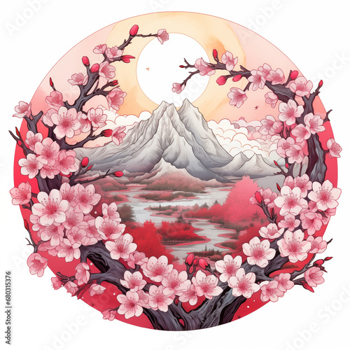 Cherry Blossom Tree Wrap Around Mountain anad Sun with River Pink Background Japanese Art Illustration Generative AI photo