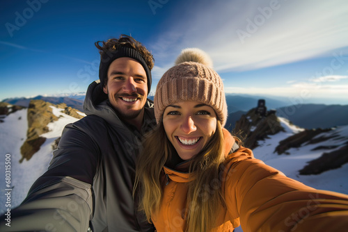 Cheerful couple take selfie outdoors up in the snowy mountain. Generative AI.