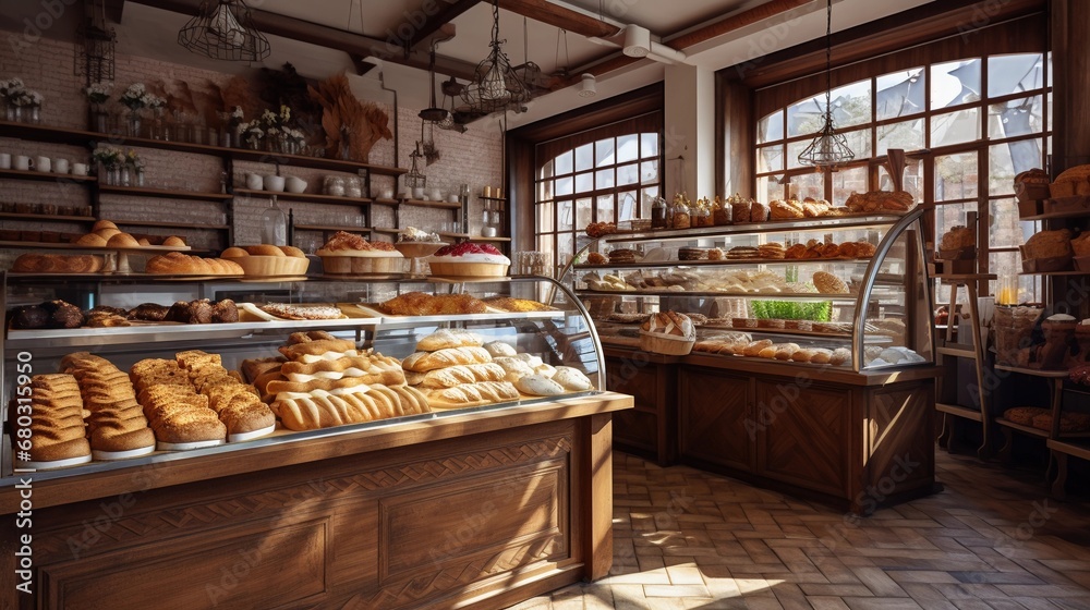 The interior of a traditional bakery, products baked from flour, breads, rolls, cakes