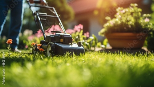 lawn mower on the grass photo