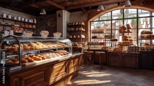 The interior of a traditional bakery, products baked from flour, breads, rolls, cakes
