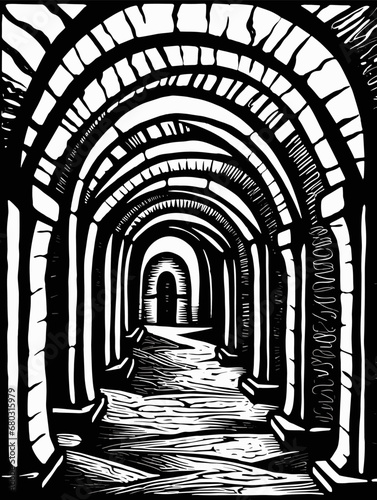 A Black And White Drawing Of A Tunnel - Rustic Arches Poster black marker style woodcut