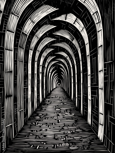 A Black And White Tunnel With Arches - Rustic Arches Poster black marker style drawing woodc b773264e-6fc8-4b01-9eb3-21d5b9471c70 2 photo