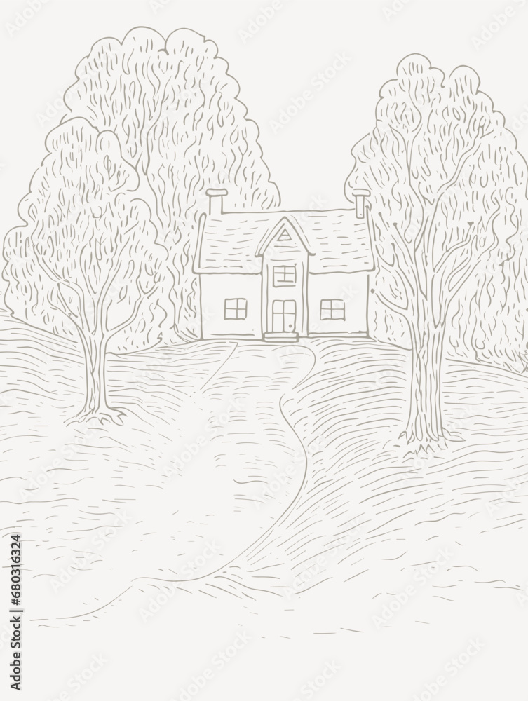 A Drawing Of A House And Trees - tiny home poster