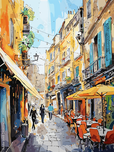 A Painting Of People Walking Down A Street - watercolor provence streets poster